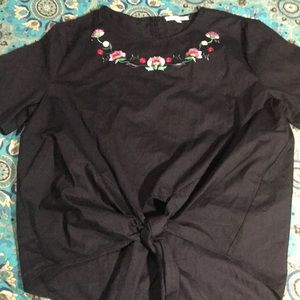 NWOT Black front tie embroidered top